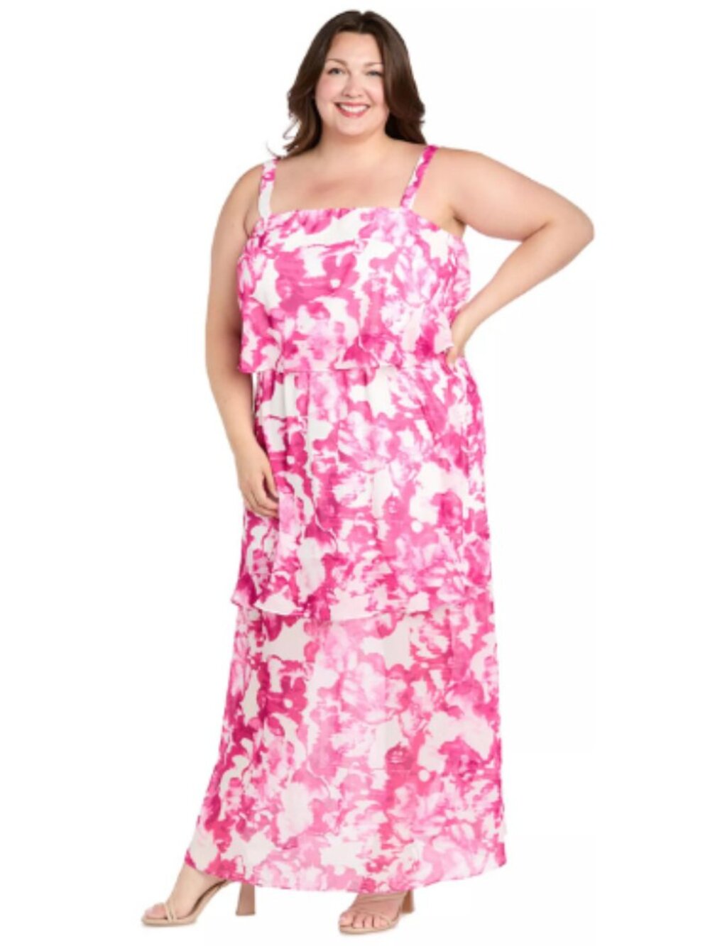 R&M Richards White Pink Floral Tiered Chiffon Evening Event Gown Dress Size 22W